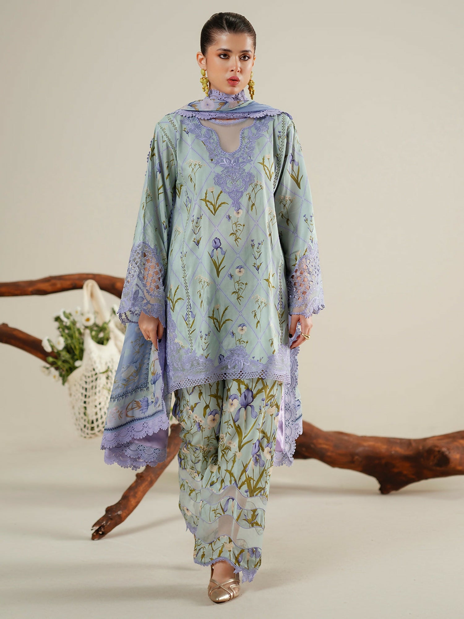 Binilyas Eres Bonita Viscose '25 embroidered unstitched suit with printed shirt, organza motifs, chiffon dupatta, and printed trouser.