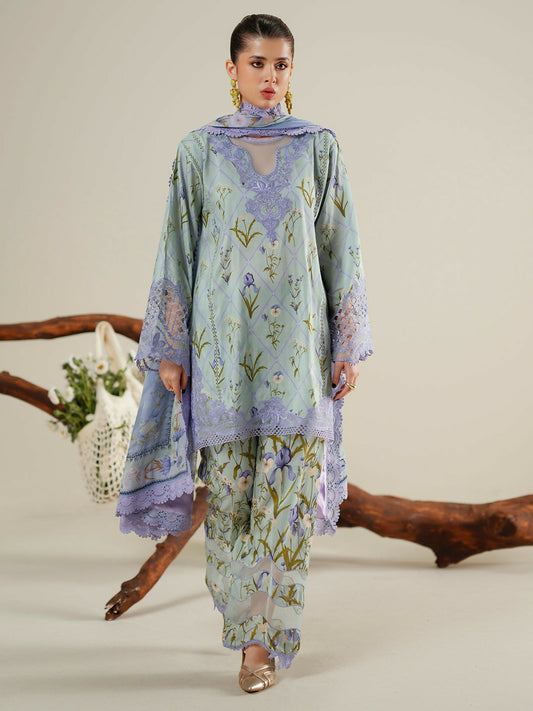 Binilyas Eres Bonita Viscose '25 embroidered unstitched suit with printed shirt, organza motifs, chiffon dupatta, and printed trouser.