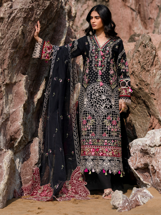 Unstitched 3-piece embroidered suit with embroidered lawn front, dyed back and sleeves, organza dupatta, dyed trouser, and lining fabric.