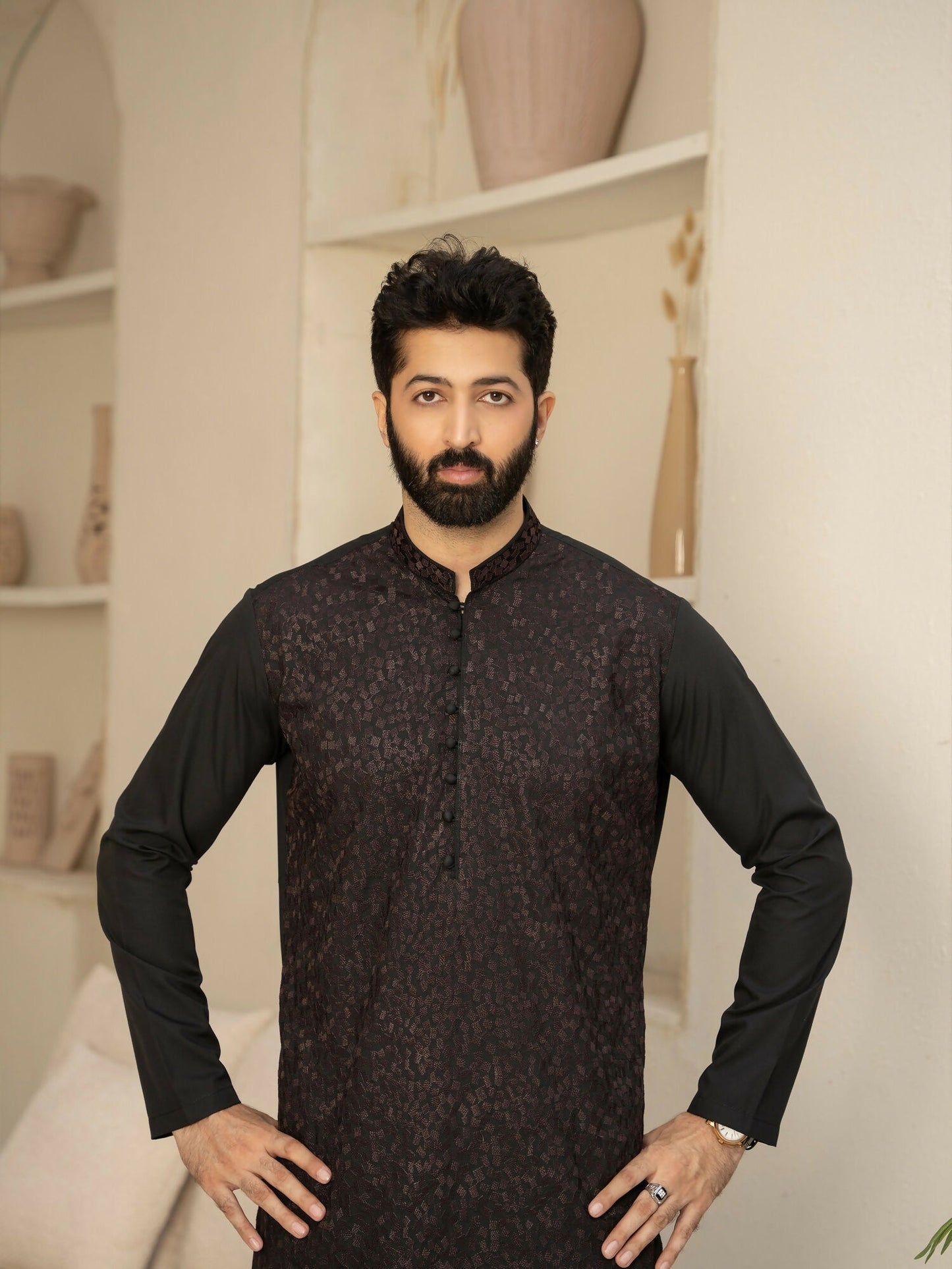Fabrich Men Wash & Wear Embroidered Unstitched Shalwar Kameez-Black