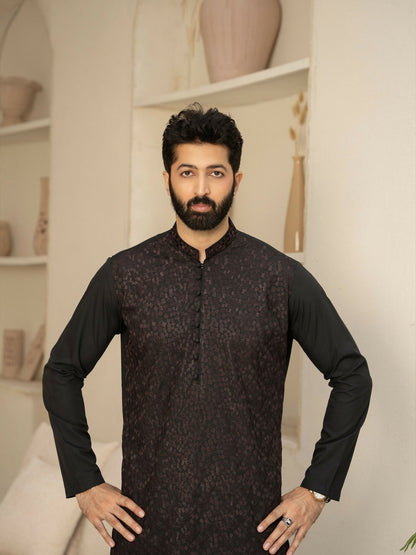 Fabrich Men Wash & Wear Embroidered Unstitched Shalwar Kameez-Black