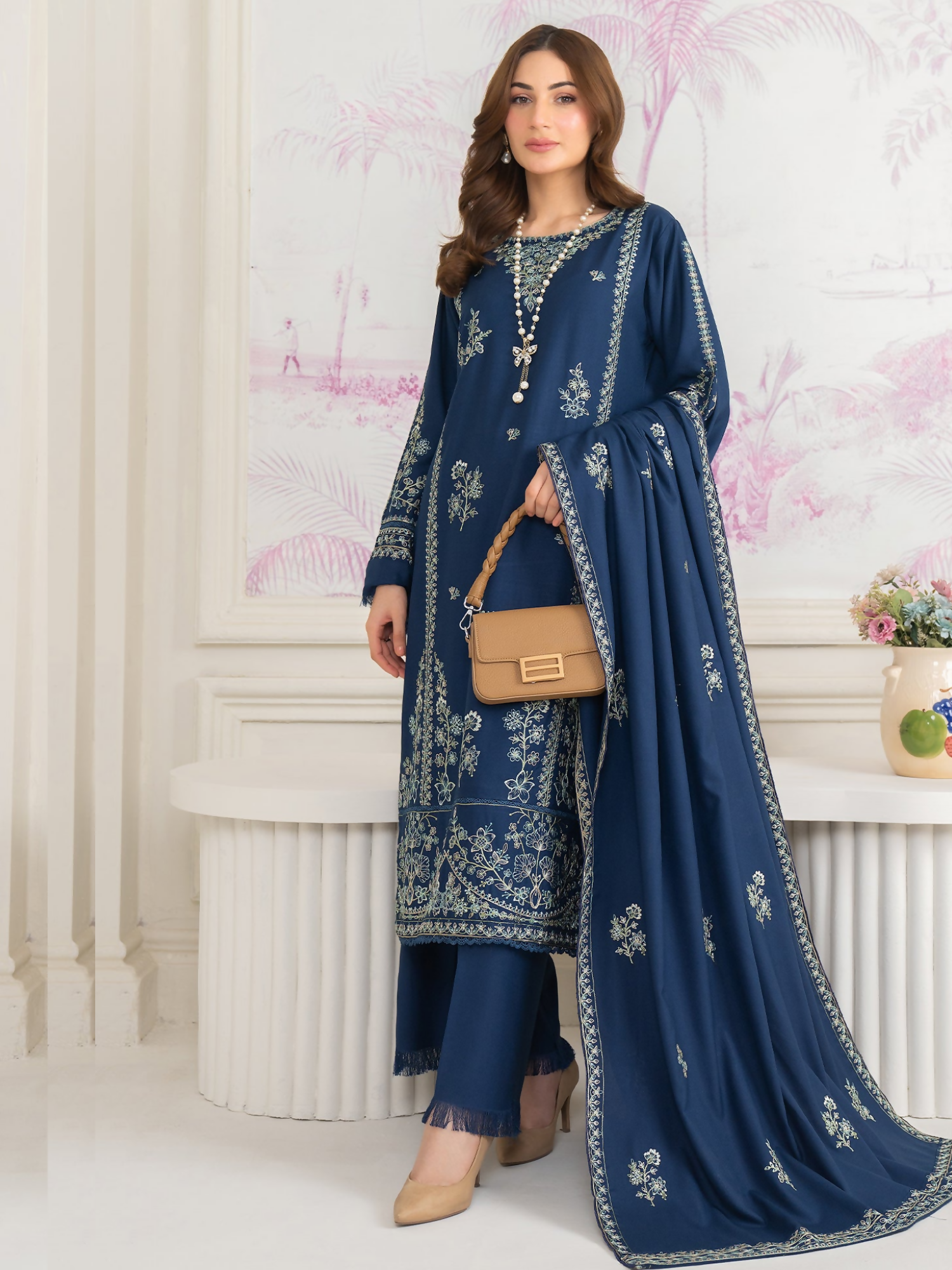 Panache Apparel Winter Whisper Linen Embroidered Stitched Suit-Frosted Dew