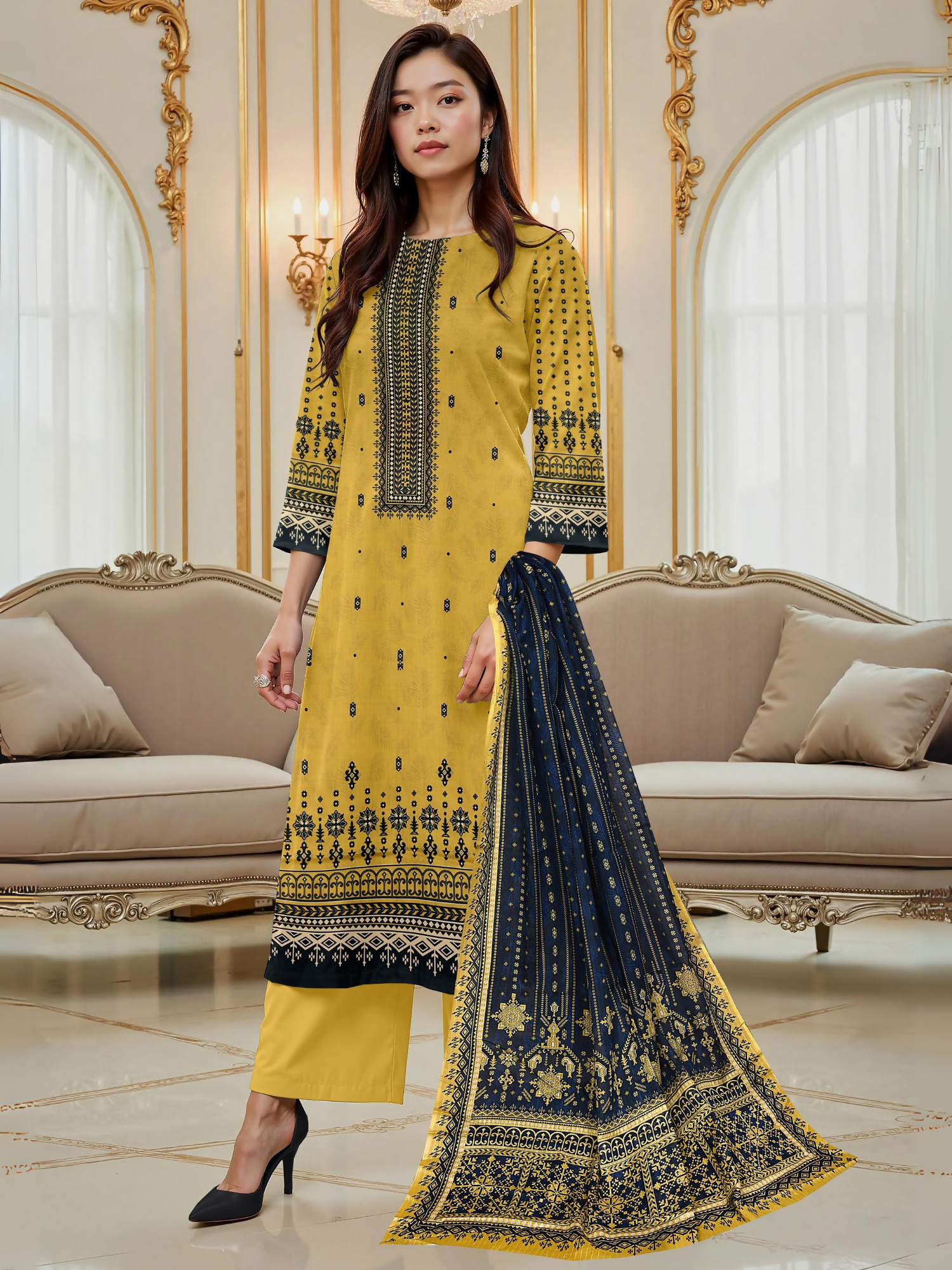 Girl standing wearing an unstitched 3-piece suit with printed lawn shirt, slub voile dupatta, and dyed cotton trouser, ideal for customized summer wear.