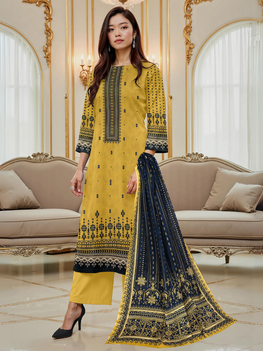 Girl standing wearing an unstitched 3-piece suit with printed lawn shirt, slub voile dupatta, and dyed cotton trouser, ideal for customized summer wear.