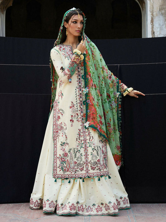 Butter Yellow Hussain Rehar Luxury Lawn Embroidered Unstitched 3-Piece Suit-Sahil