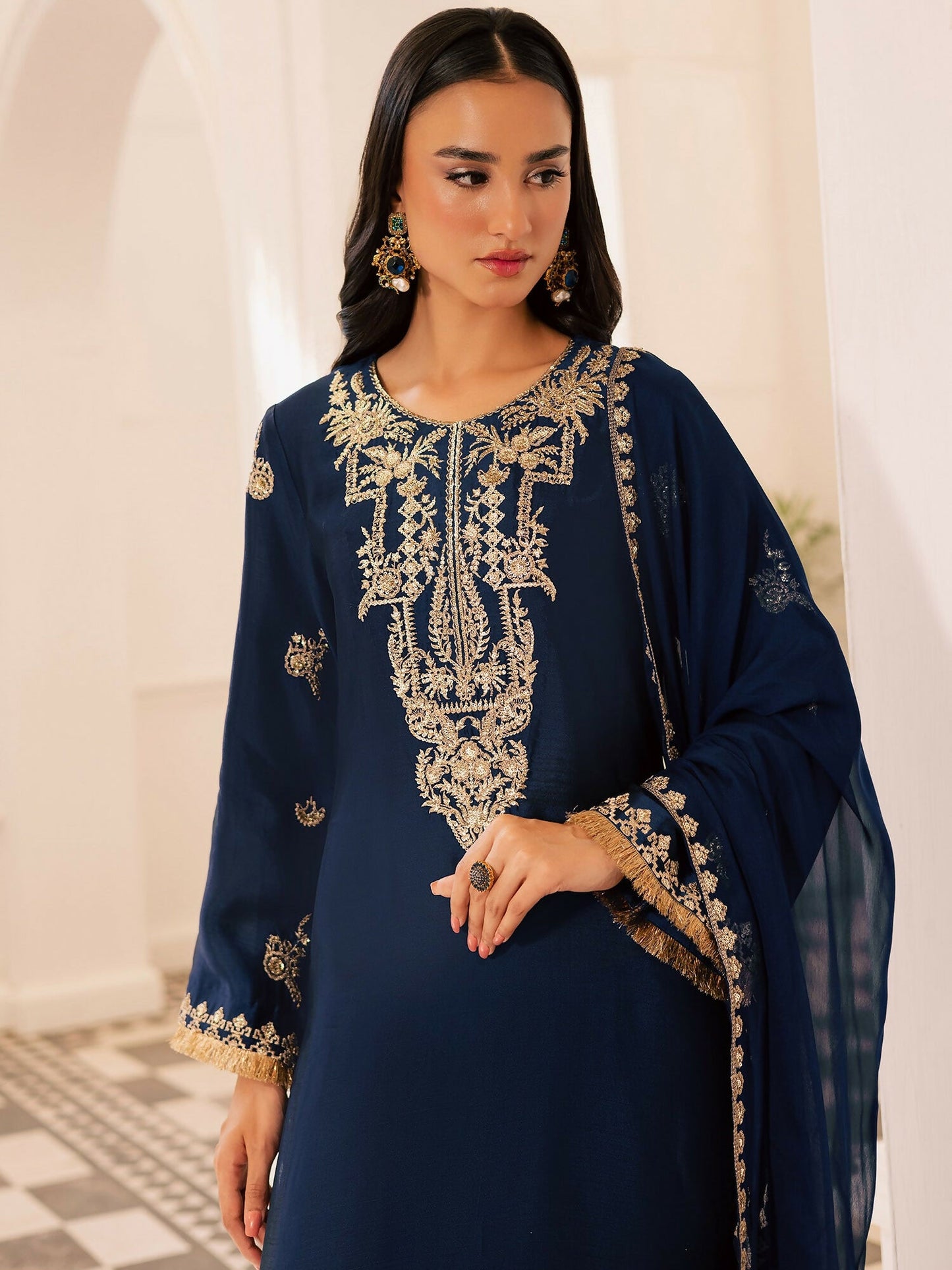 Allure By IH Be-My-Guest Thai Silk Embroidered Stitched 3-Piece Suit-Midnight