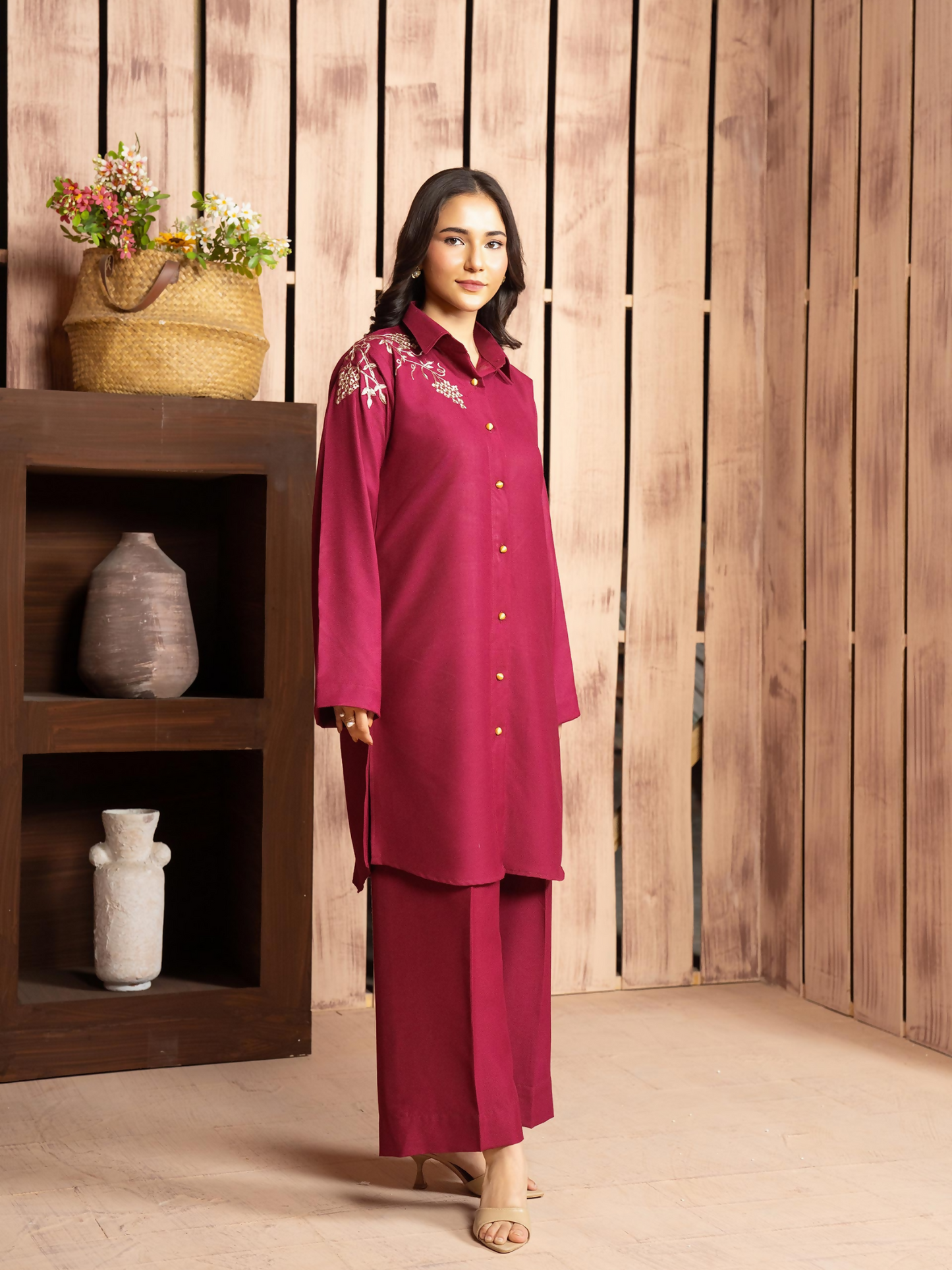 Panache Apparel Winter Core Linen Embroidered Co-Ord Set-Shine