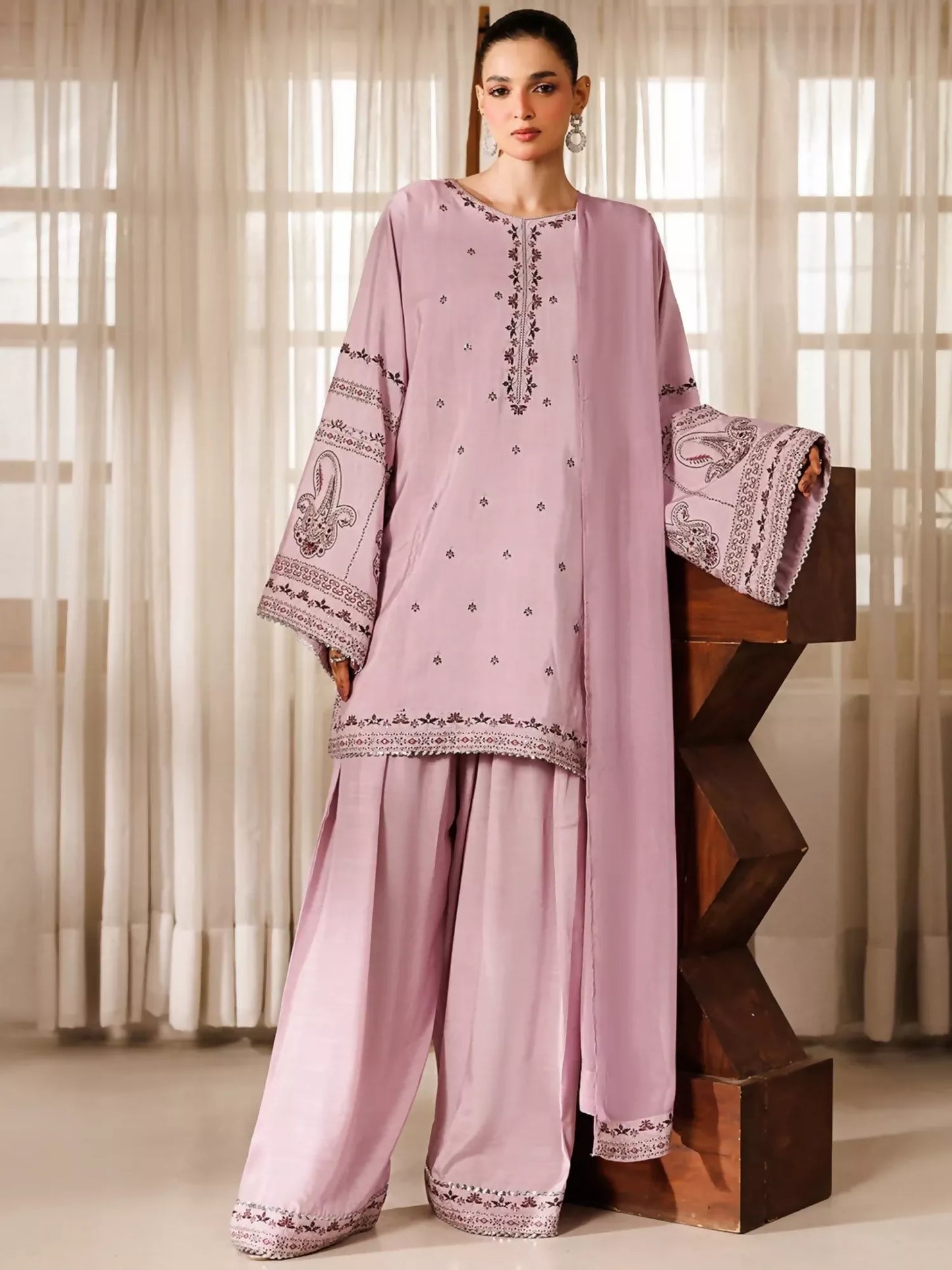 Panache Apparel Noore Eid Edit Sheesha Silk Embroidered Stitched Suit-Gull