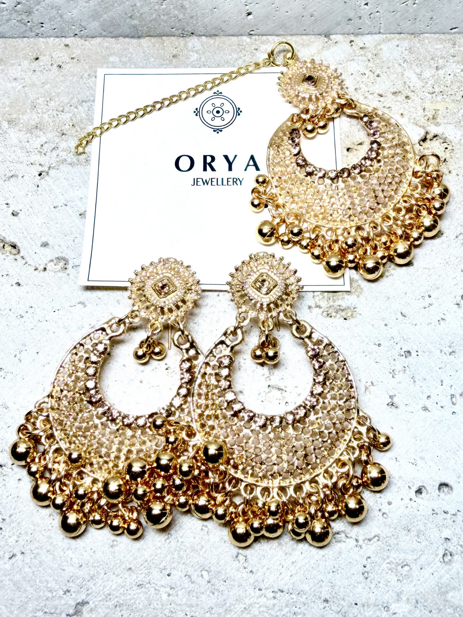 Orya Jewellery Maang Tikka Earrings Set-Gold S11