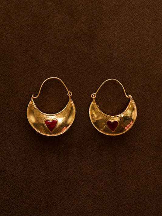 Jugnu by Hussain Rehar Heart Crescent gold earrings with crescent-shaped design, glossy polished finish, and embedded red heart detail, modern romantic accessory.