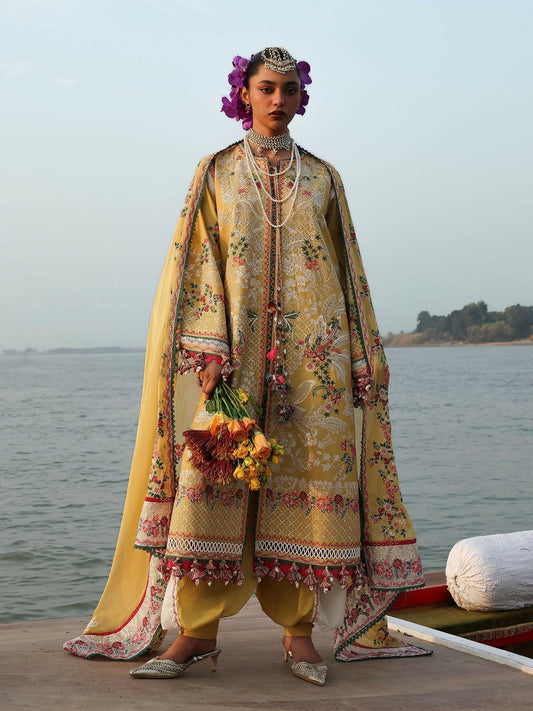 Hussain Rehar Luxury Lawn'26 Eid Edit Embroidered Unstitched 3-Piece Suit-Ochre