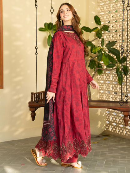 Panache Apparel Mah-e-Noor Khaddar Embroidered Stitched Suit-Merlot