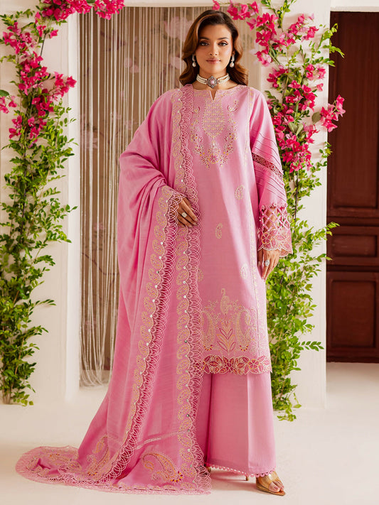Unstitched 3-piece khaddar suit with embroidered shirt, embroidered wool shawl, and plain dyed trouser from Mahnur Nova Khaddar ’25 collection.