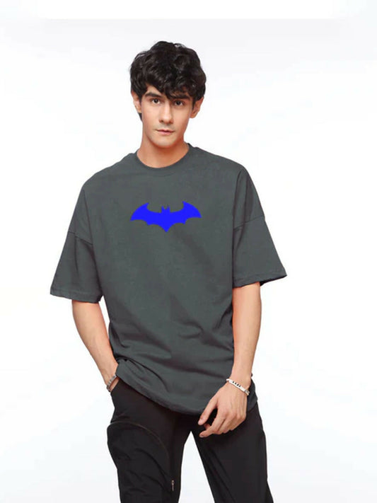 Grey Jupiter Printed Oversized Off Shoulder Batman Print Tee-Shirt-13968