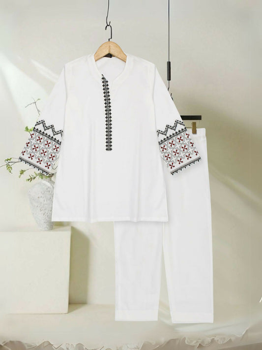 White and Black Velvour Girls Printed Co-ord Set-VG136-B