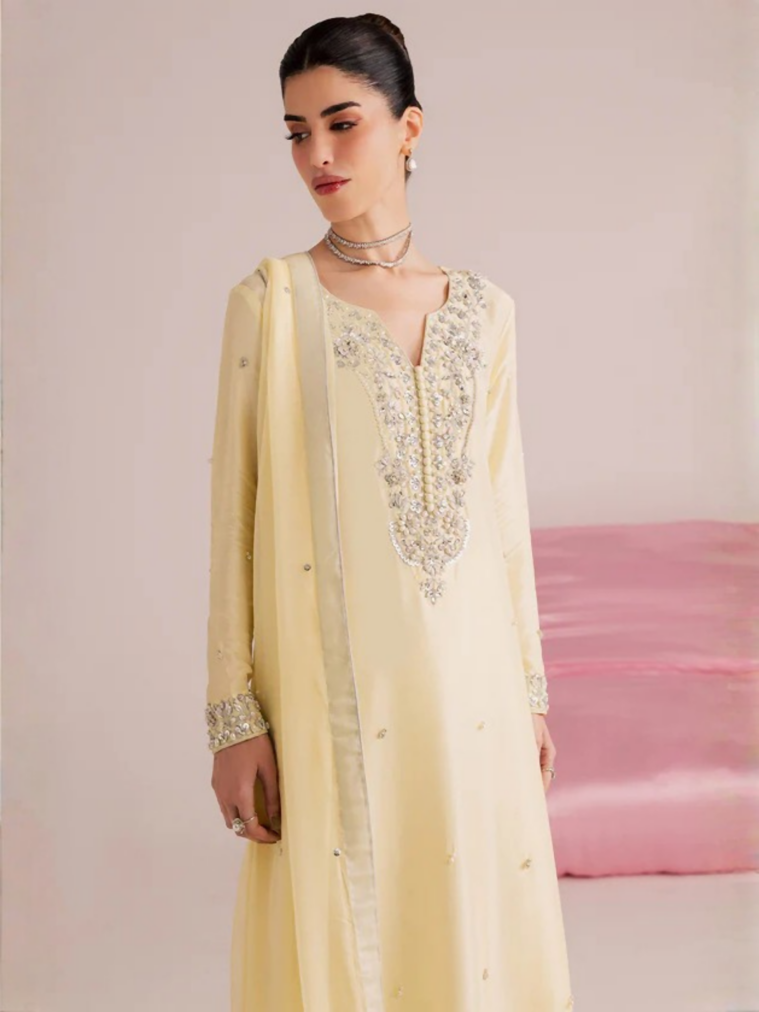 Allure By IH Silver Night Tussel Silk Embroidered Kaftan Set-Lemonade