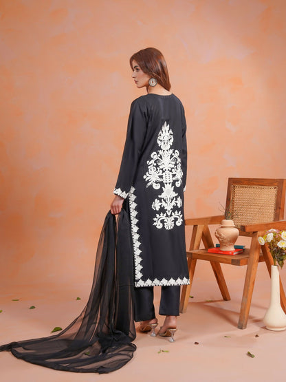 Tawakal Closet Dhanak Embroidered Stitched 3-Piece Suit-Blackish