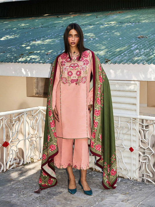 Light Pink Jugnu Lahore Luxury Khaddar Embroidered Unstitched 3-Piece Suit-Verona