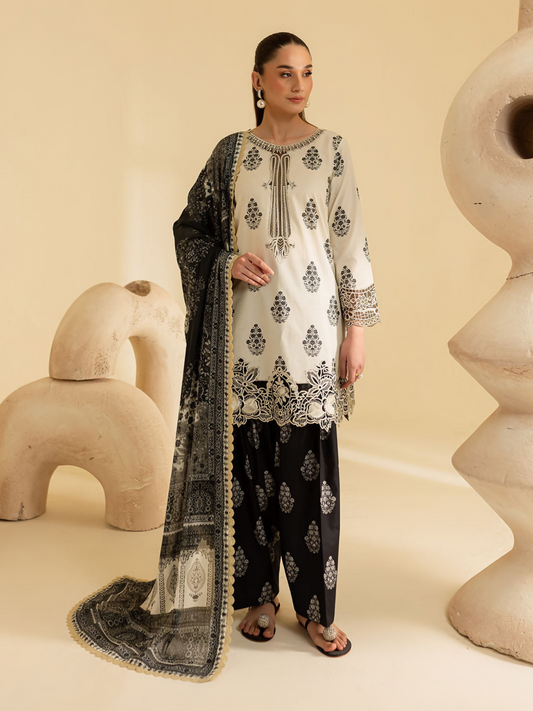 Unstitched 3-piece suit with printed lawn shirt, embroidered neckline and daman, printed dupatta, and printed trouser.