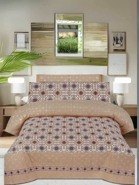 Beige bedsheet with brown design pattern, neatly spread on a bed with matching pillow covers.