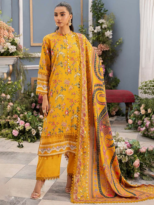 Mausummery unstitched 3-piece suit with digital printed Linen Doria shirt and dupatta, paired with dyed linen trouser for effortless winter style.