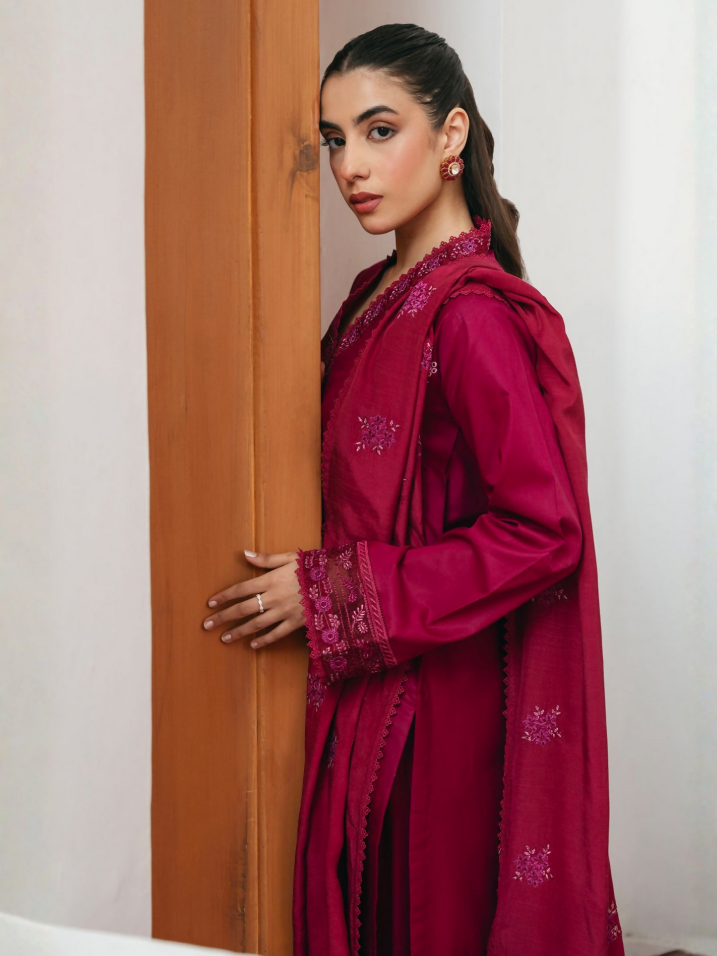 Mannat Clothing Lawn Embroidered Stitched Suit-Carnation