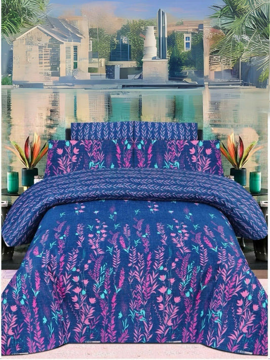 Blue comforter set with colorful printed design – 6-piece bedding set with coordinated bedsheet and pillow covers.