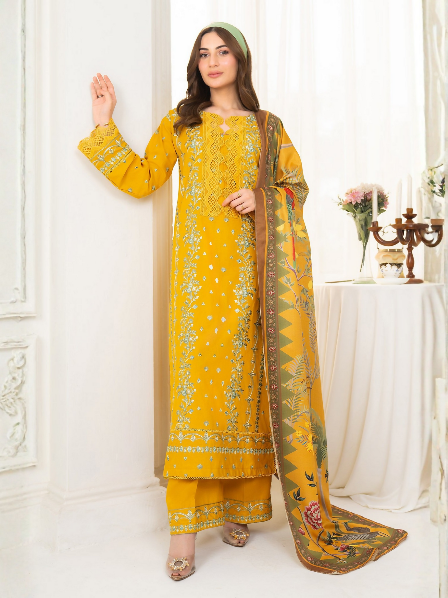 Panache Apparel Winter Basics Khaddar Embroidered Stitched 3-Piece Suit-Golden Hour