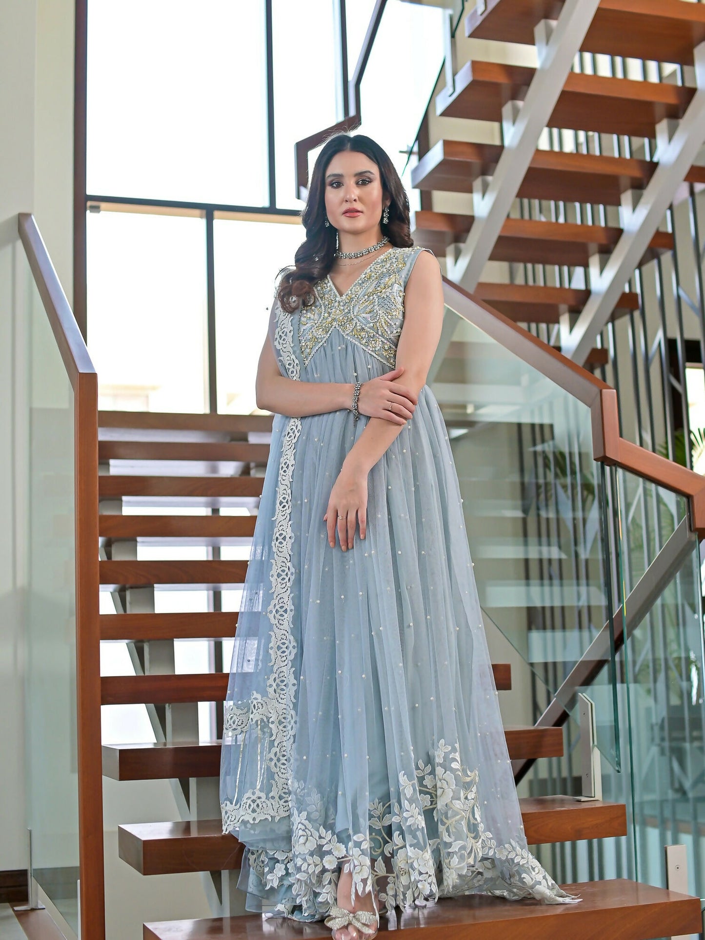Farooq Hameed Studio Net Embellished Stitched 3-Piece Suit-Laira