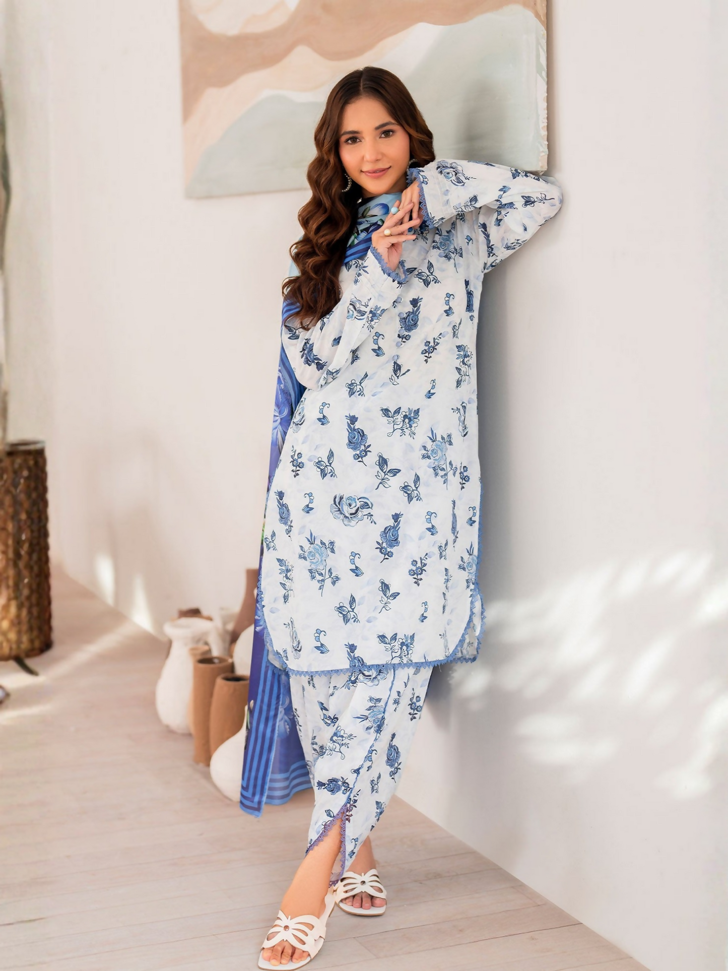 Panache Apparel Cambric Printed Stitched 3-Piece Suit-Drift