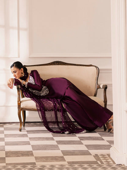 Allure By IH Be-My-Guest Thai Silk Embroidered Stitched 3-Piece Suit-Raisin