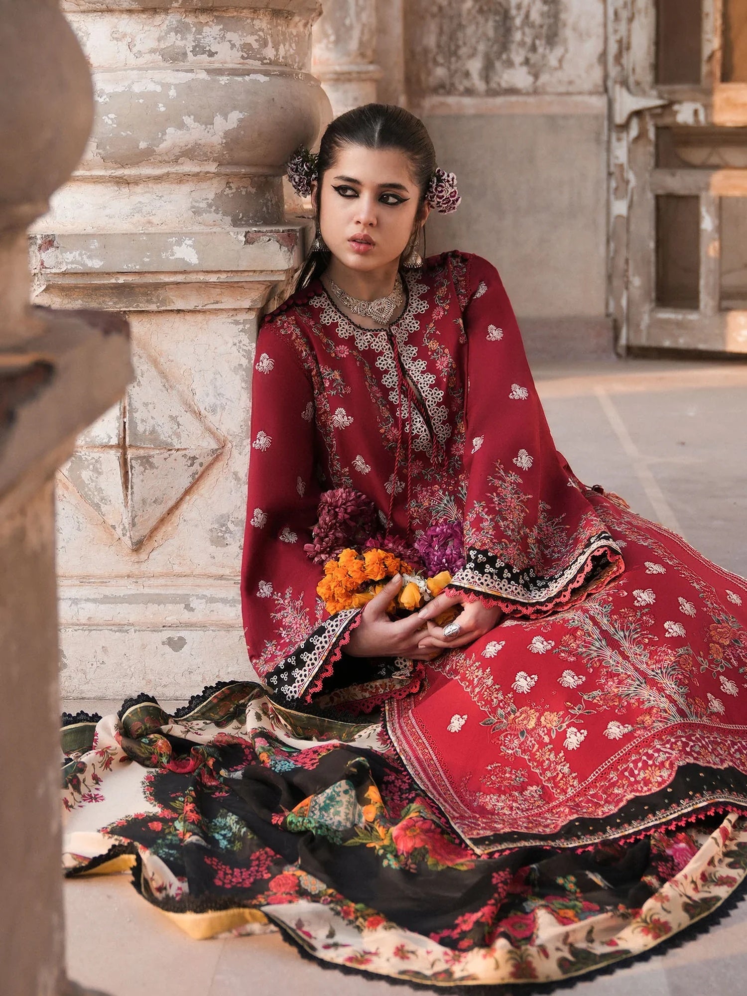 Red Hussain Rehar Barmala Pret'26 Embroidered 3-Piece Suit-Surkh-e-Laleh