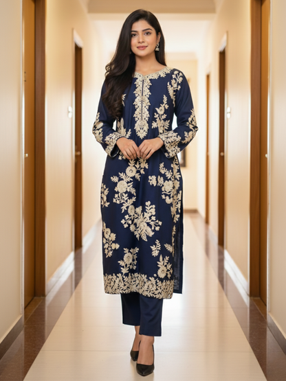 Zeephire Linen Embroidered Stitched 3-Piece Suit-Kawiya