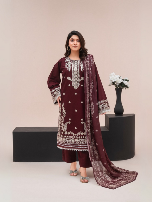 Maroon Masoori Lawn Printed Stitched 3-Piece Suit-09
