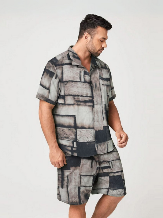Jupiter men's cotton linen twin set featuring a digitally printed short-sleeve shirt with coat collar neckline and matching shorts with drawcord waist – ideal for casual, lounge, night, or beachwear.