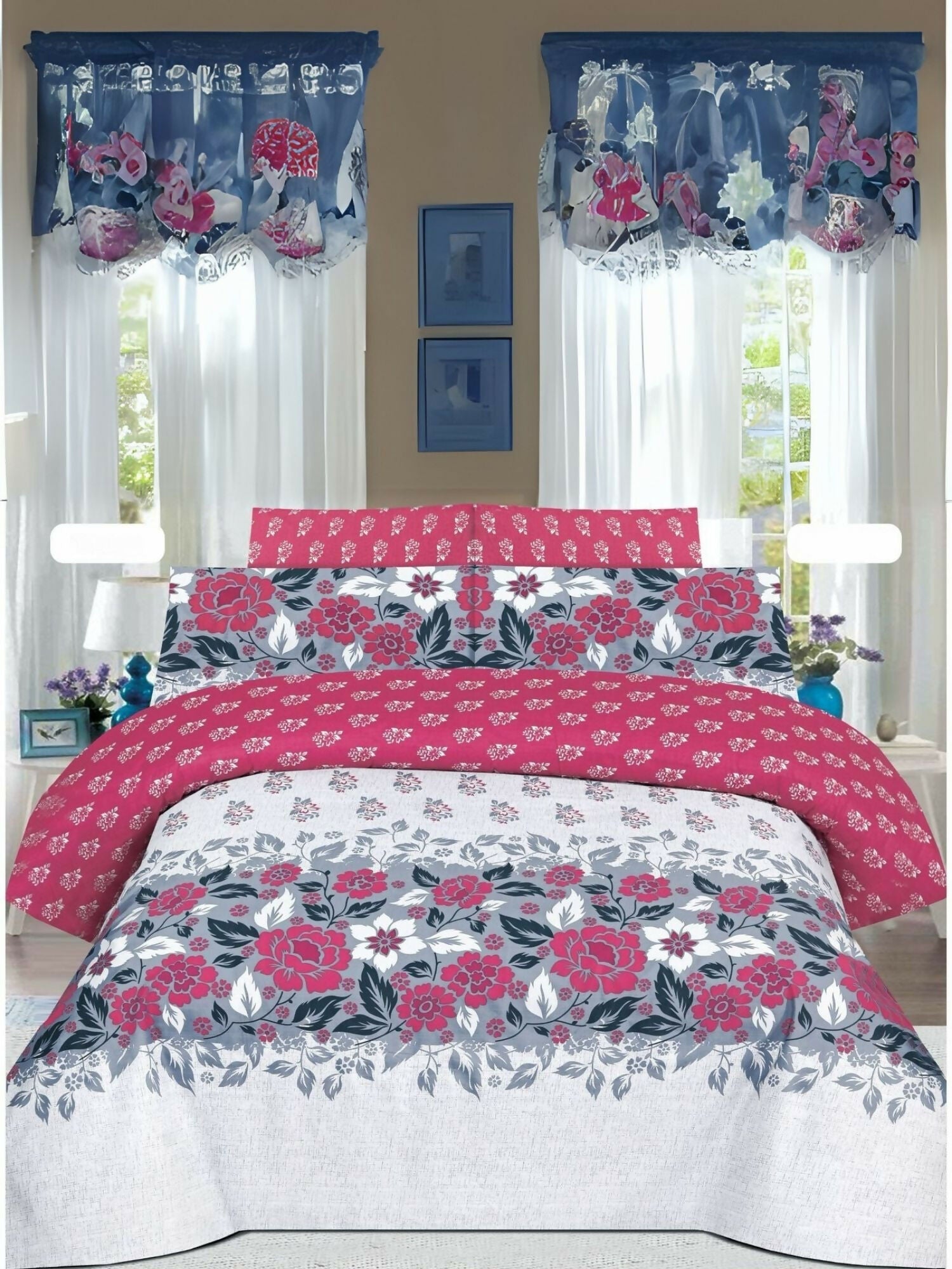 White king-size bedsheet with pink floral design and two matching pillow covers in poly cotton