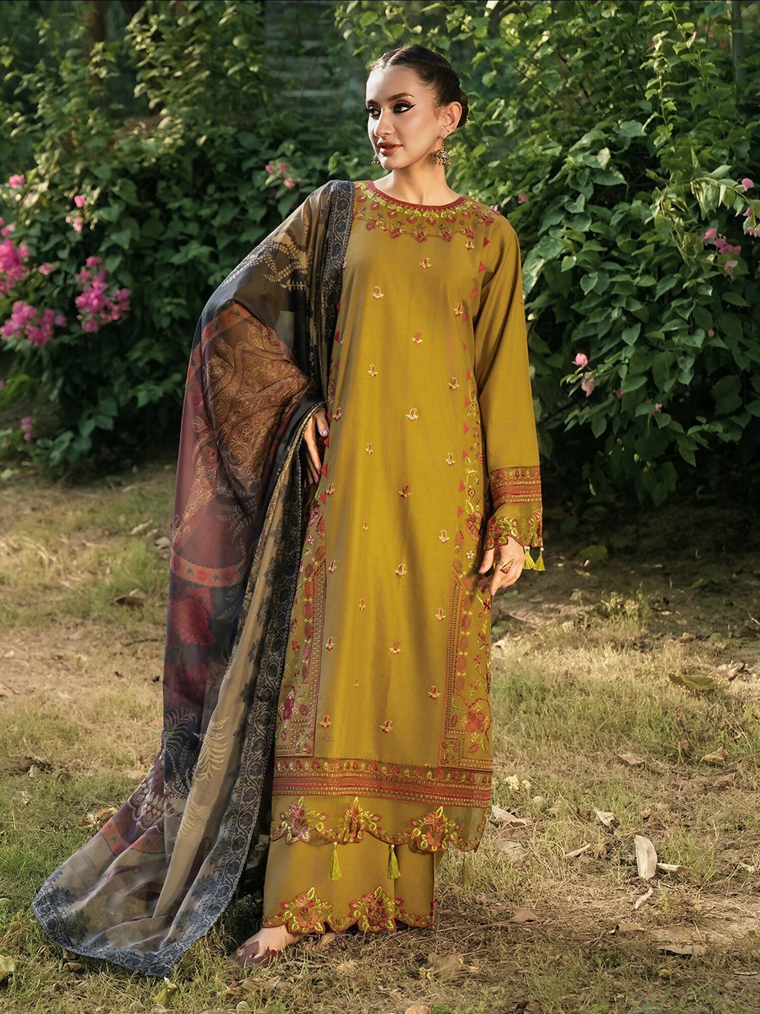 Hemstitch Lawn Embroidered Stitched 3-Piece Suit-Sandalwood