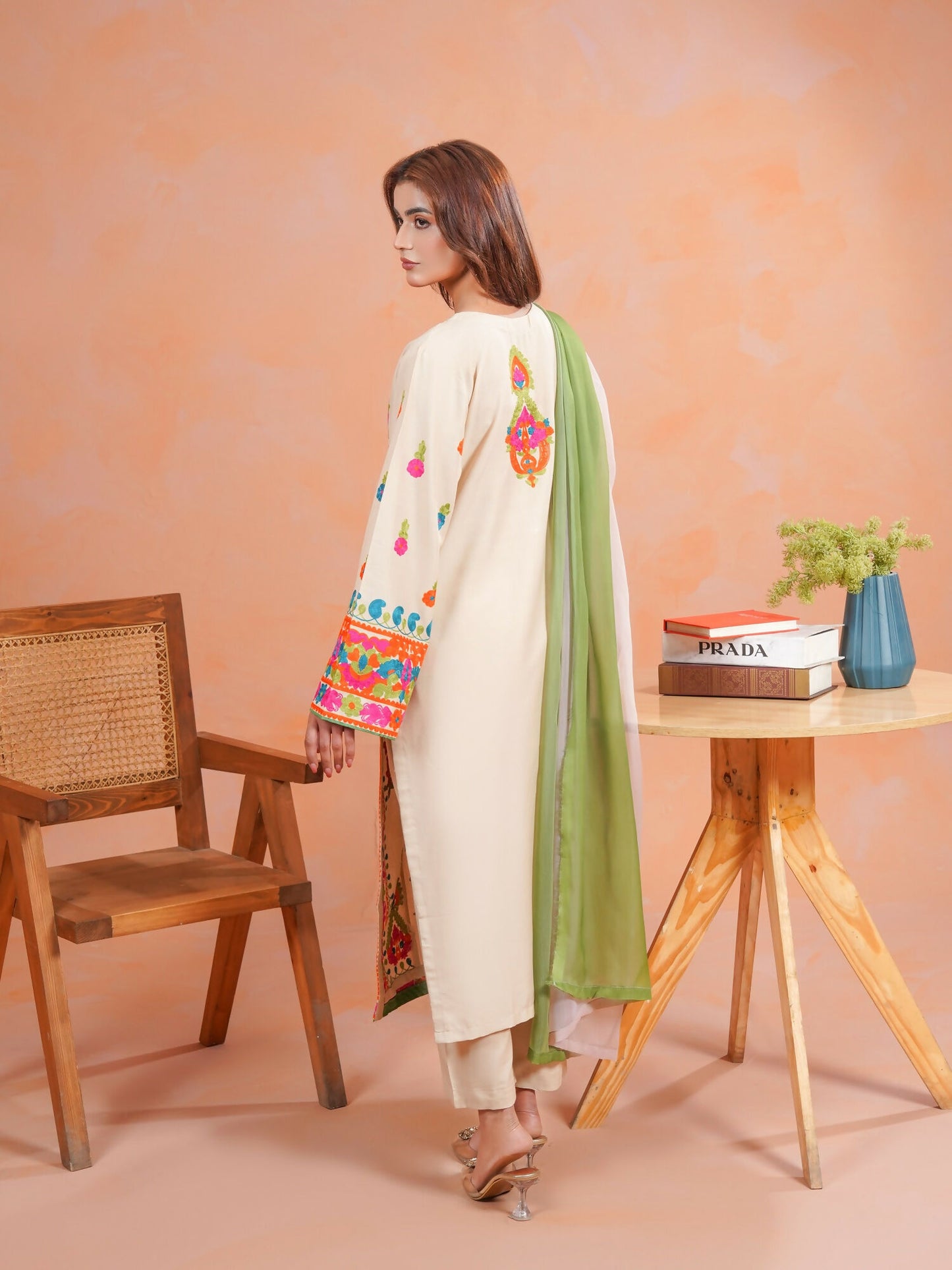 Tawakal Closet Linen Embroidered Stitched 3-Piece Suit-Multi Beige