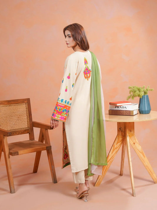 Zeephire Linen Embroidered Stitched 3-Piece Suit-Multi Beige