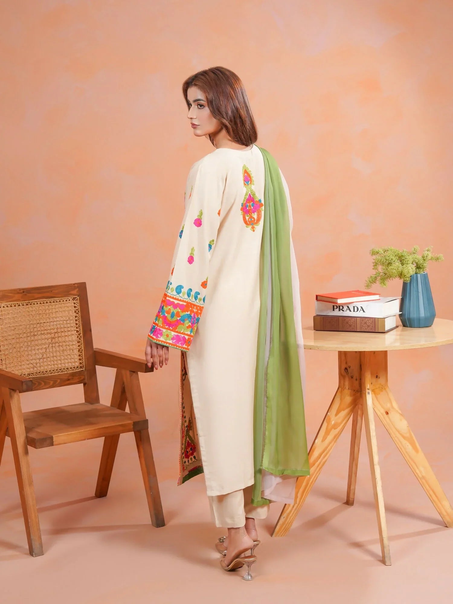 Zeephire Linen Embroidered Stitched 3-Piece Suit-Multi Beige