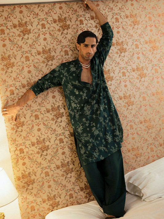 Teal Green Hussain Rehar BASIC NOT BASIC V Raw Silk Printed Stitched 2-Peice Suit-Fjord