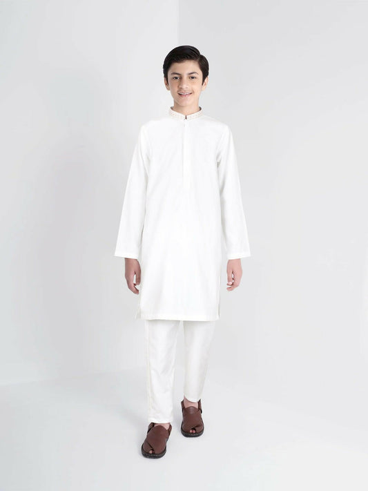 Off-White Velvour Boys Embroidred Shalwar Kameez-VB172-D