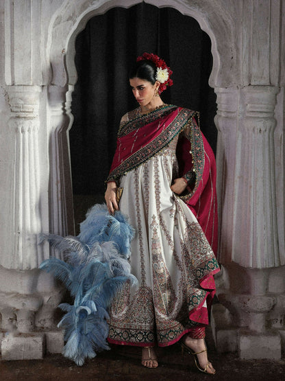 Hussain Rehar Festive Unstitched'26 Korean Raw Silk Embroidered 3-Piece Suit-Madhu Bala