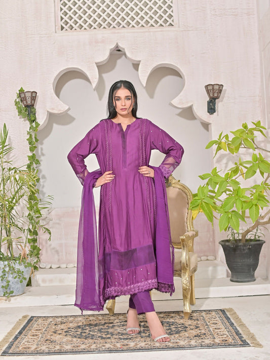 Ruby's Couture Shireen Raw Silk Embroidered Stitched 3-Piece Suit-Ghazel