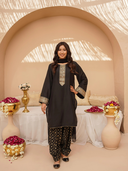 Kidoz Kloset Rang Rasiya Cotton Silk Embroidered Stitched 3-Piece Suit-Midnight Luxe-Women