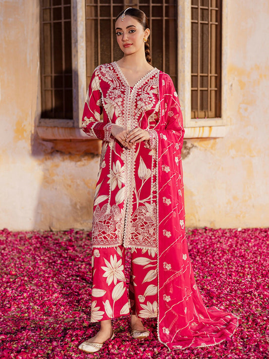 Mahnur Gulzar Viscose – Unstitched 3-Piece Suit with Printed Shirt, 2-Piece Organza Embroidered Neckline, Embroidered Borders, Chiffon Dupatta, and Printed Trouser