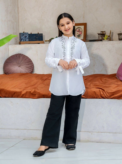 Off-White Velvour Girls Embroidered Stitched Tunic-VG127-B