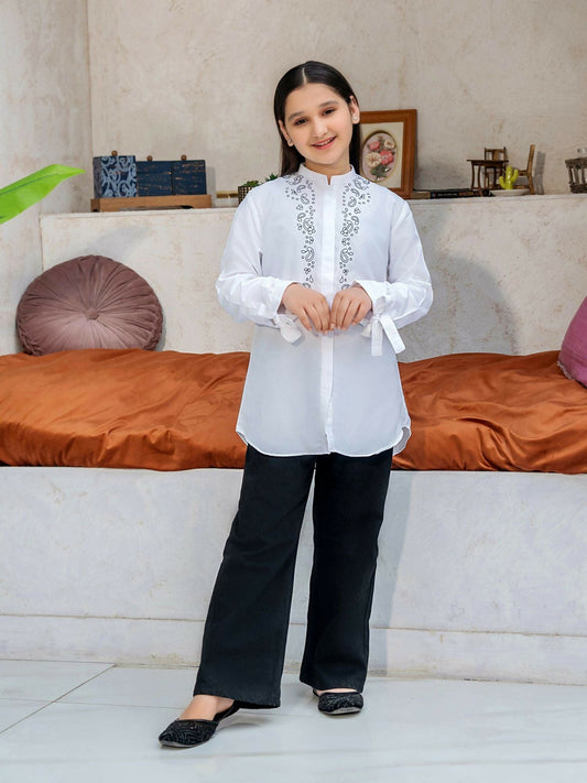Off-White Velvour Girls Embroidered Stitched Tunic-VG127-B