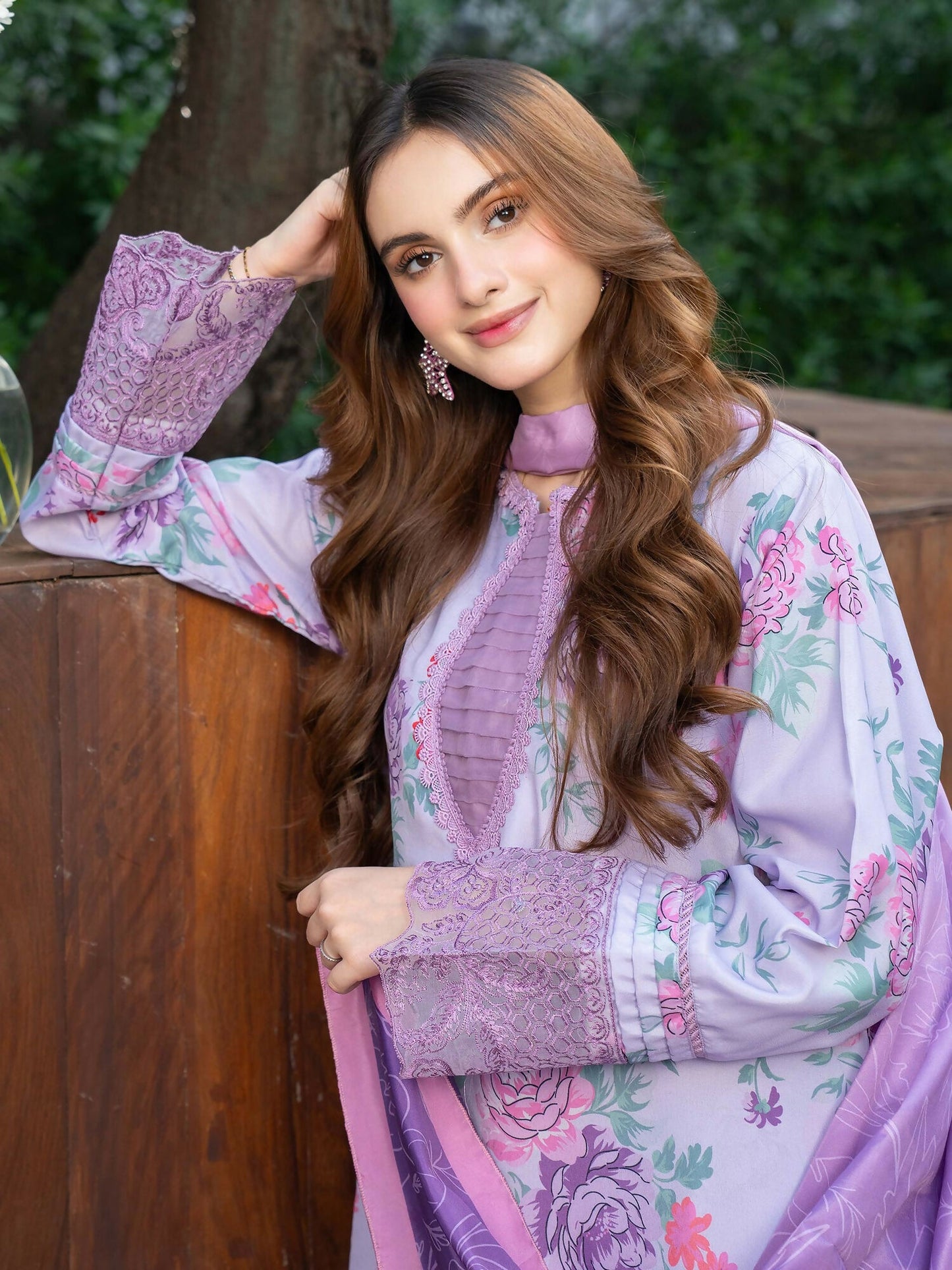Panache Apparel Raw Silk Embroidered Stitched Suit-Lavender Bloom