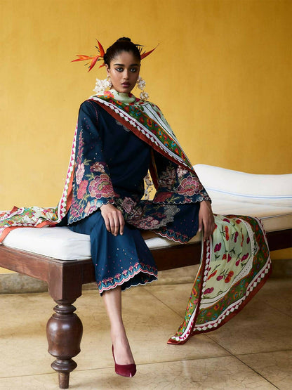 Jugnu by Hussain Rehar SS'25 Eid Pret Cotton Embroidered 3-Piece Suit-Silva